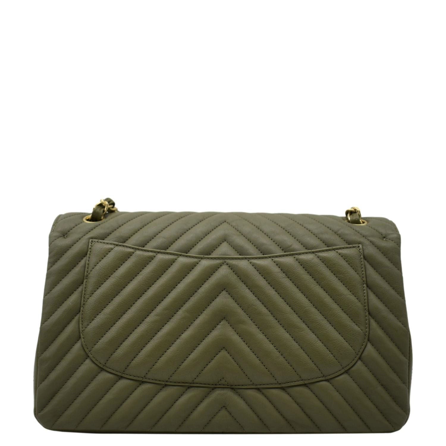 CHANEL Classic Jumbo Flap Chevron Leather Crossbody Bag Olive