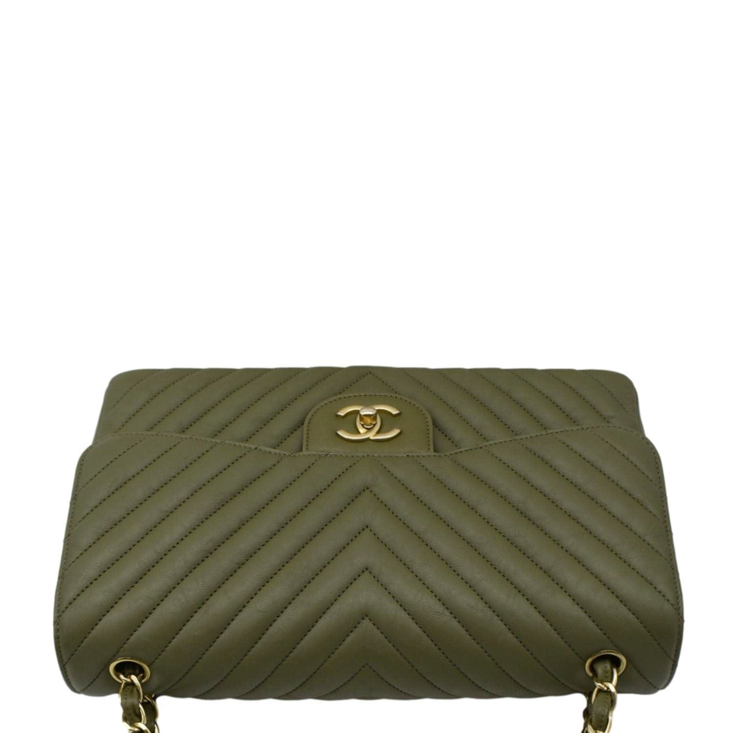 CHANEL Classic Jumbo Flap Chevron Leather Crossbody Bag Olive