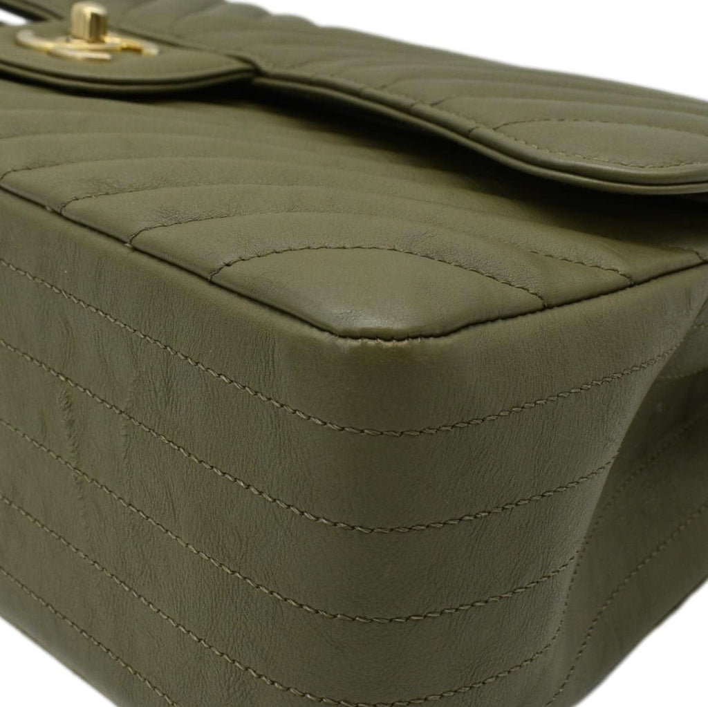 CHANEL Classic Jumbo Flap Chevron Leather Crossbody Bag Olive