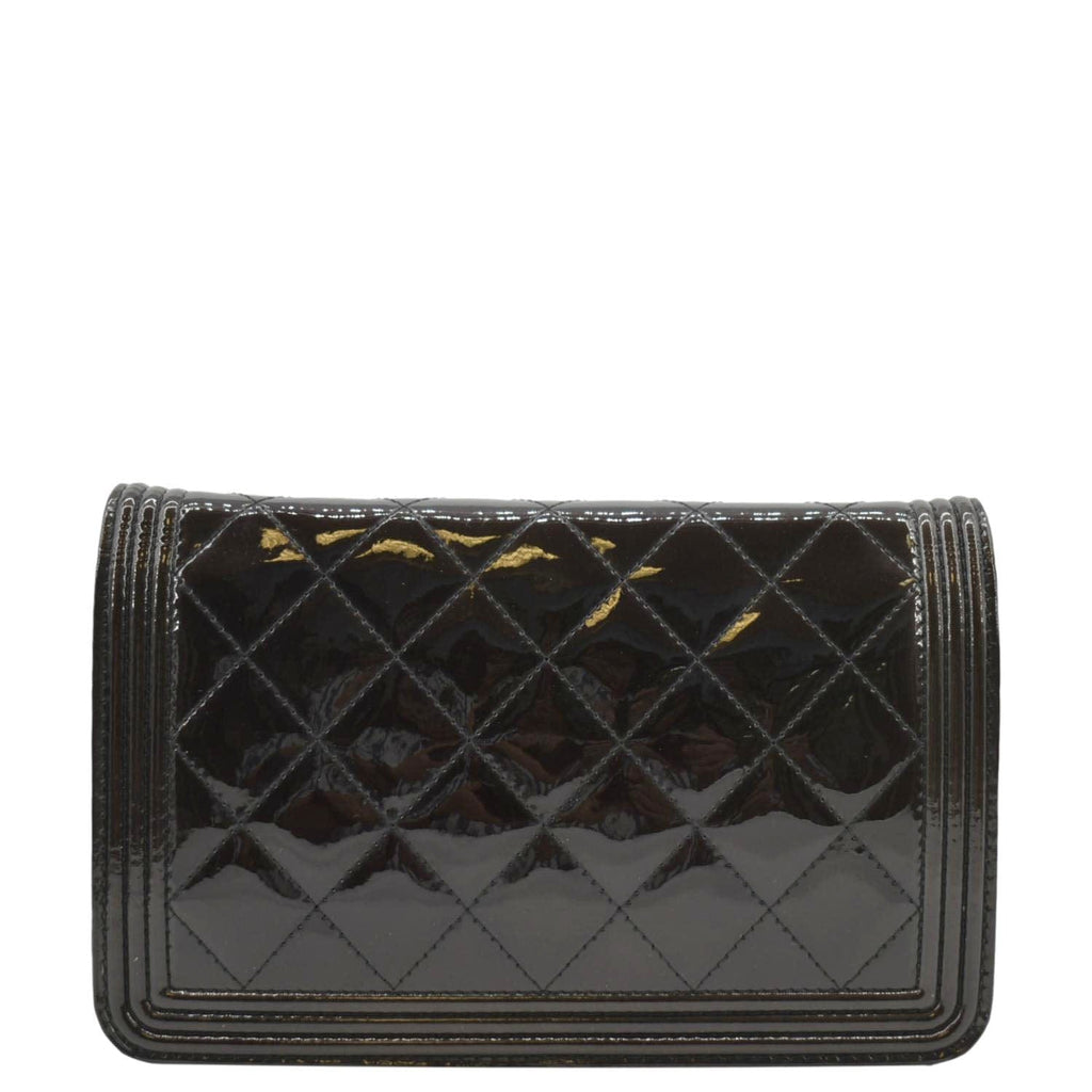 CHANEL Boy WOC Quilted Patent Leather Wallet On Chain Shoulder Bag Black