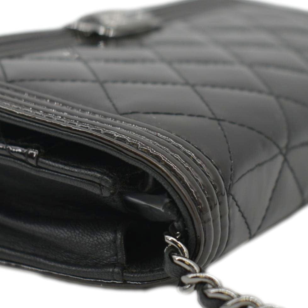 CHANEL Boy WOC Quilted Patent Leather Wallet On Chain Shoulder Bag Black
