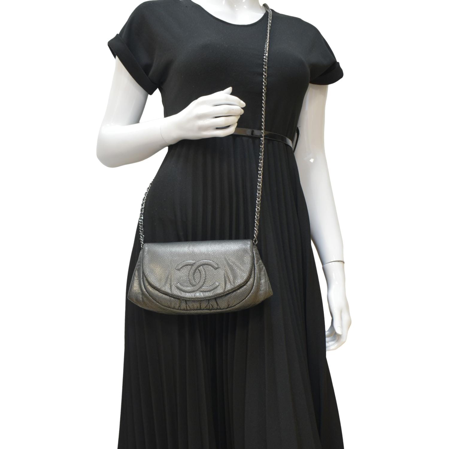 CHANEL Half Moon Caviar Leather Wallet on Chain Crossbody Bag Gray