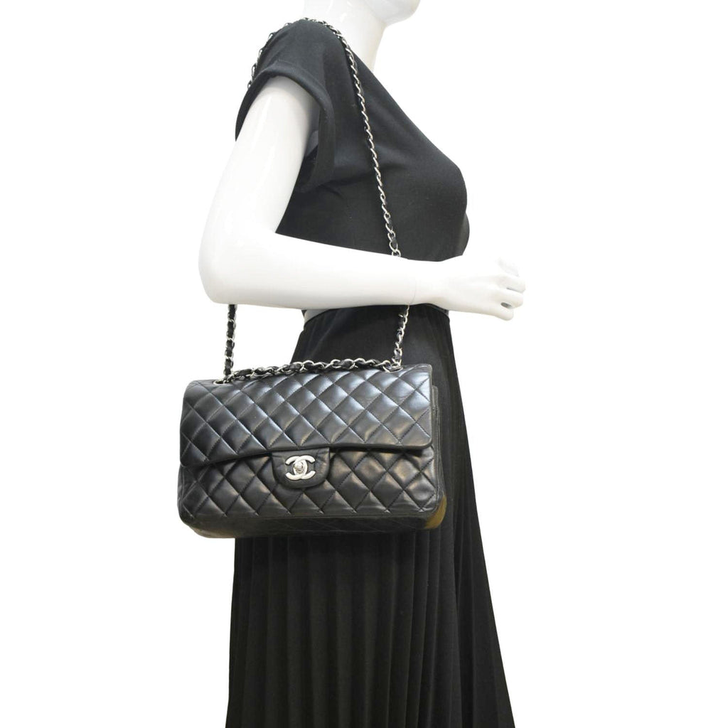 CHANEL Classic Medium Double Flap Leather Shoulder Bag Black