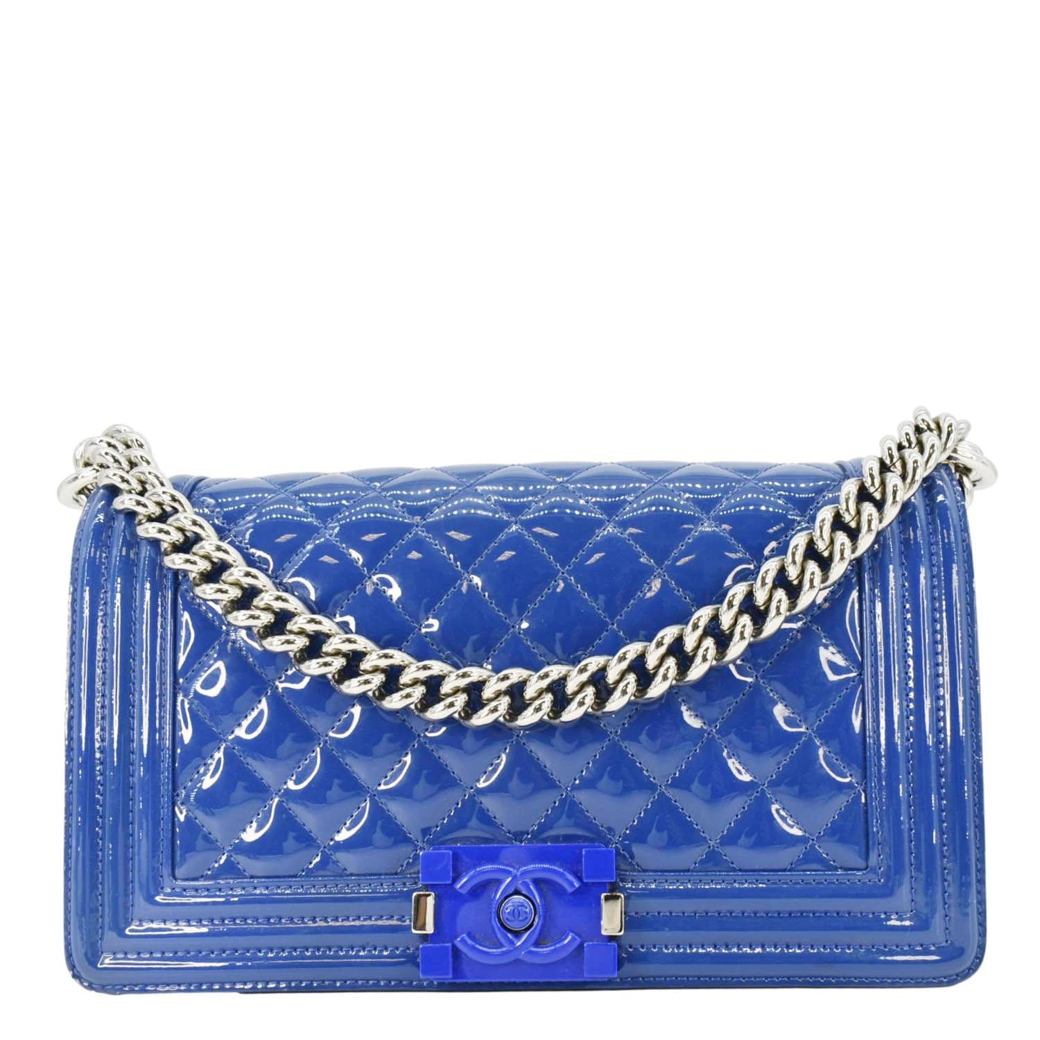 CHANEL Boy Flap Medium Plexiglass Patent Leather Crossbody Bag Blue