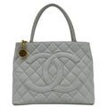 CHANEL Medallion Quilted Caviar Leather Tote Bag Light Blue