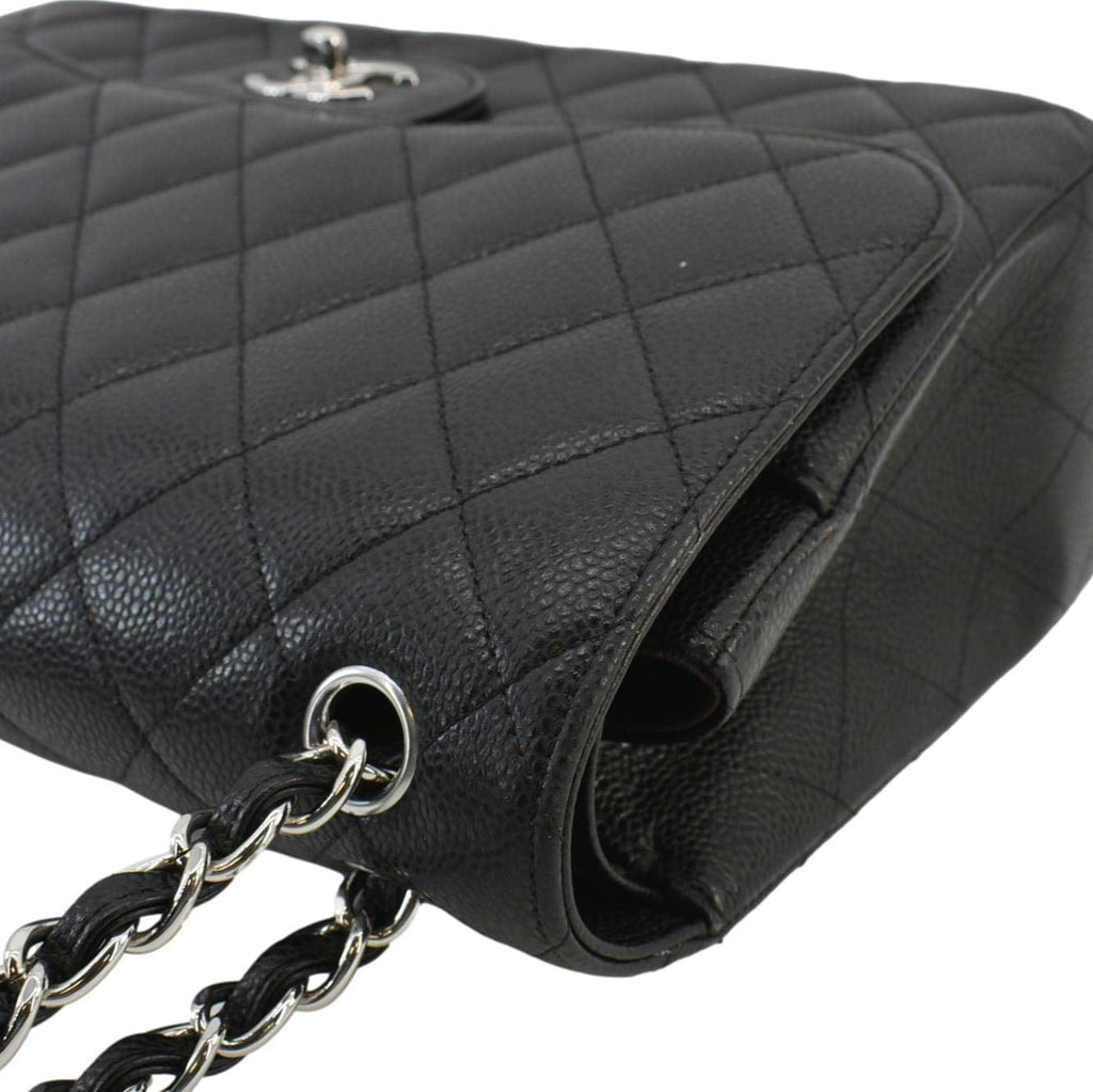 CHANEL Classic Jumbo Double Flap Quilted Caviar Leather Shoulder Bag Black