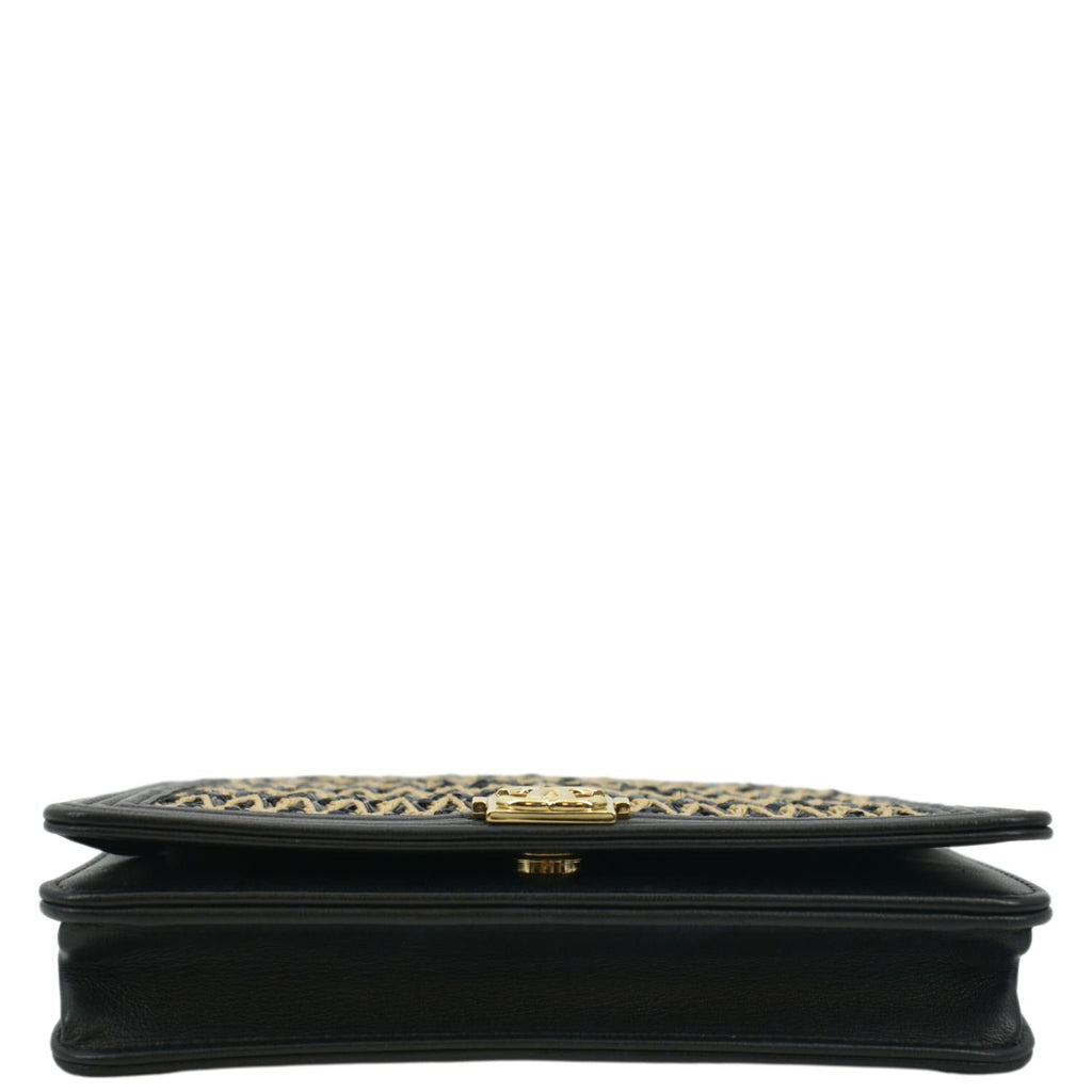 CHANEL Boy Flap Woven Raffia Leather Shoulder Bag Black