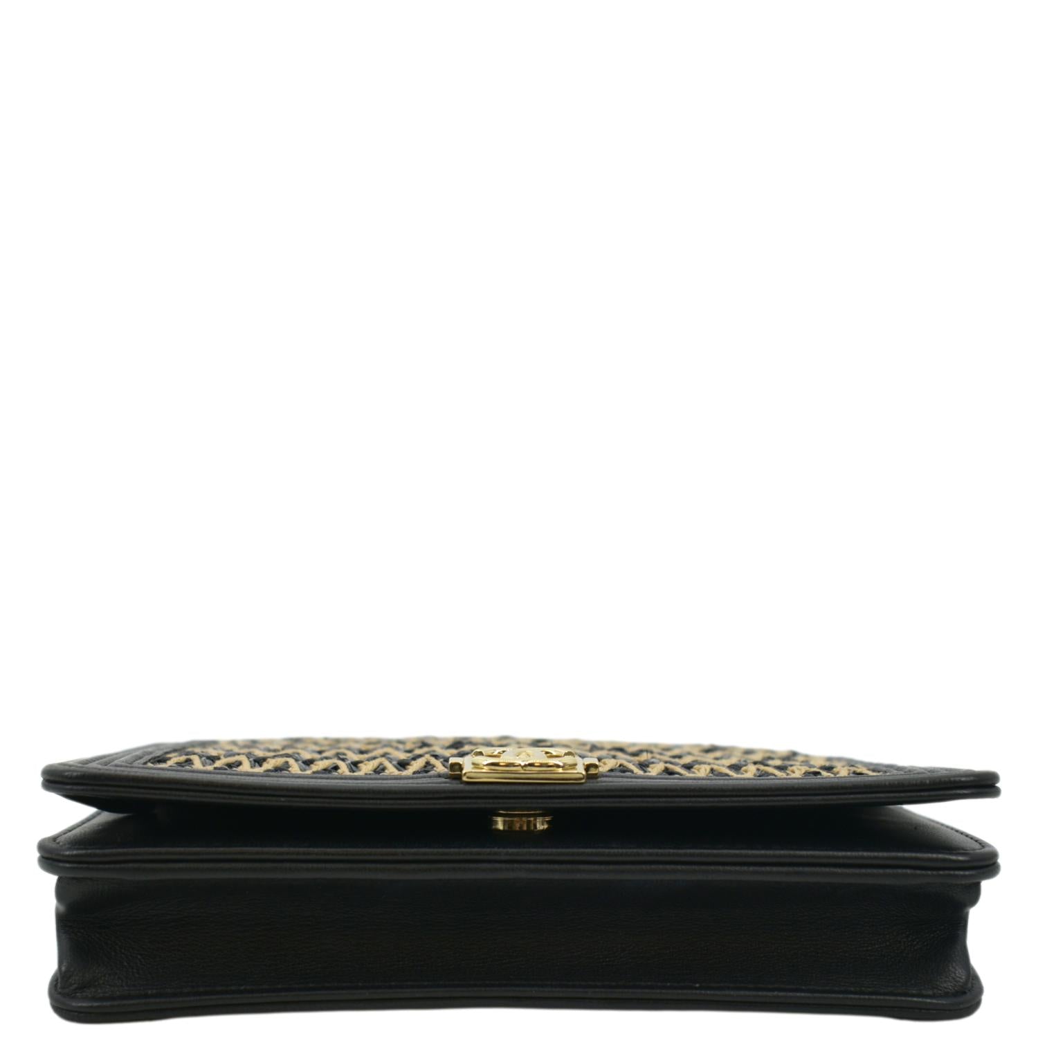 CHANEL Boy Flap Woven Raffia Leather Shoulder Bag Black