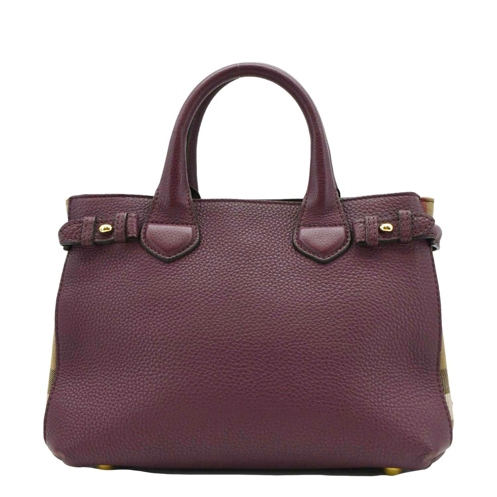 BURBERRY Banner Small House Check Leather Tote Shoulder Bag Maroon