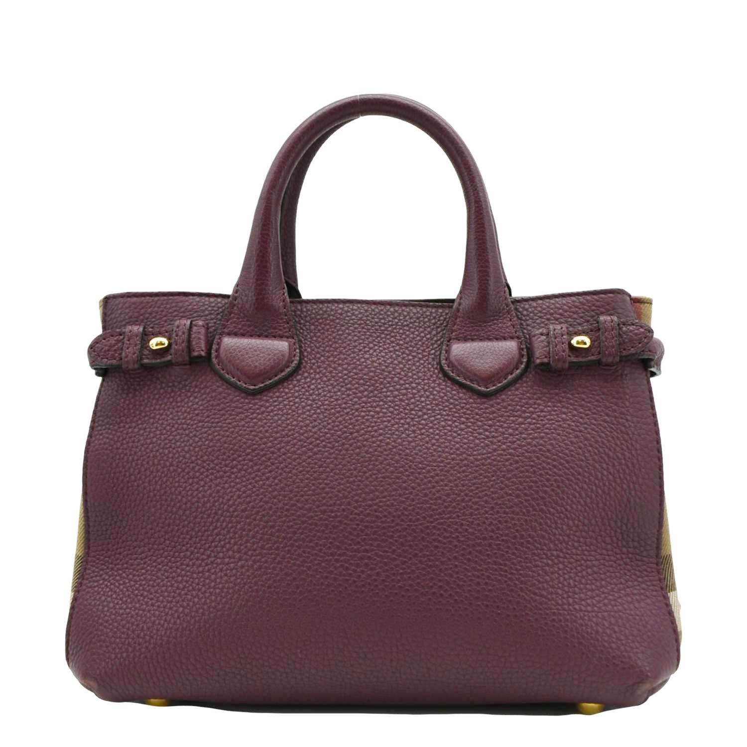 BURBERRY Banner Small House Check Leather Tote Shoulder Bag Maroon