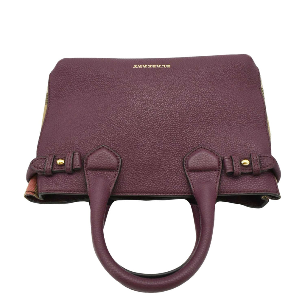 BURBERRY Banner Small House Check Leather Tote Shoulder Bag Maroon