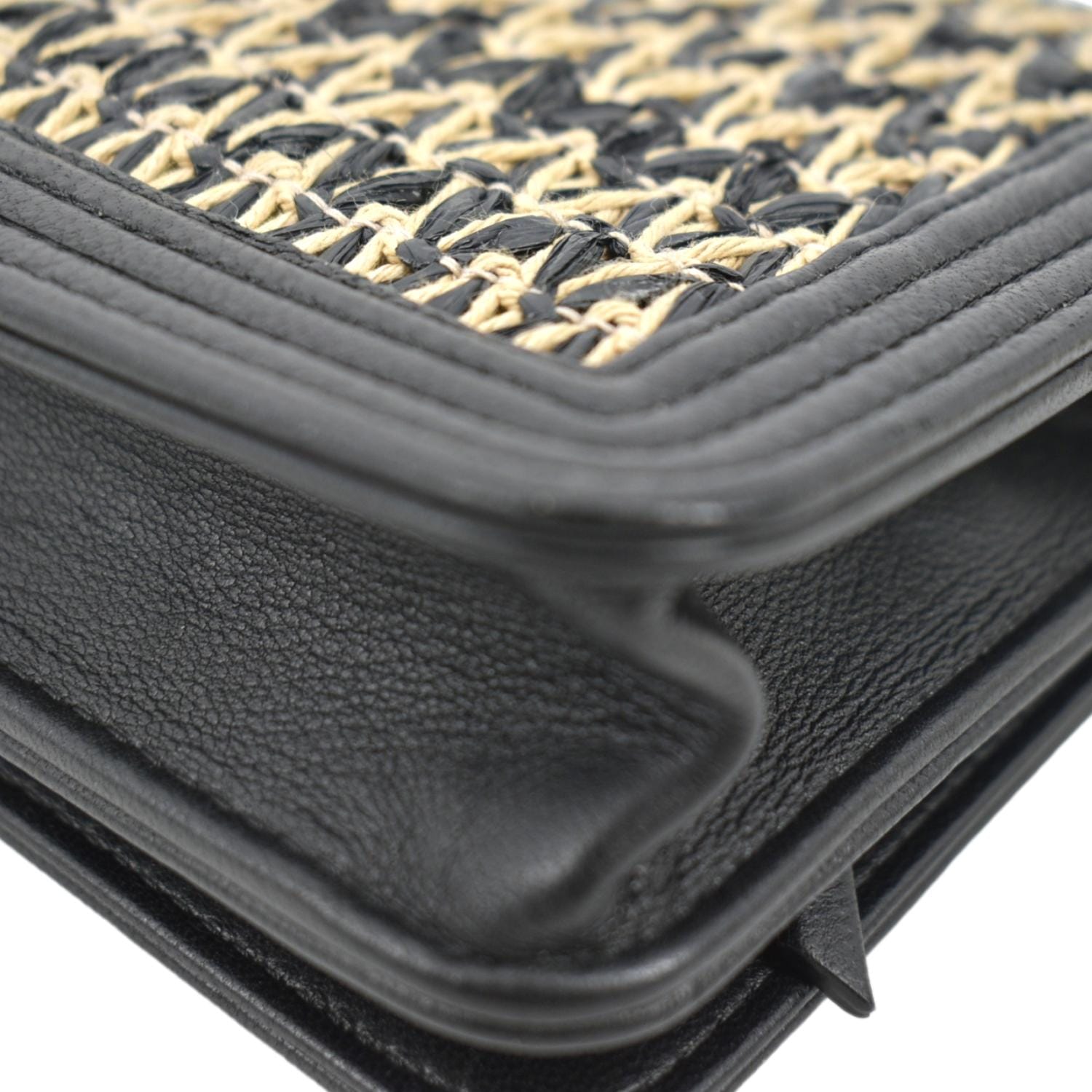 CHANEL Boy Flap Woven Raffia Leather Shoulder Bag Black
