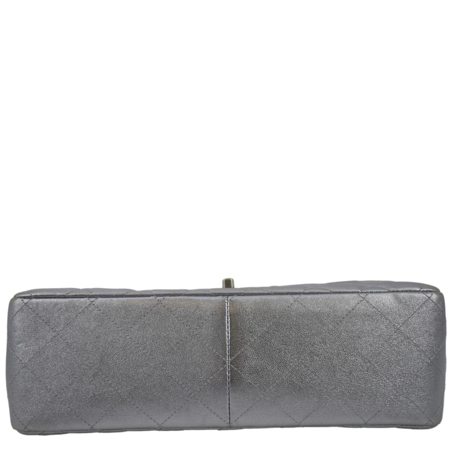 CHANEL Jumbo Flap Quilted Leather Shoulder Bag Silver