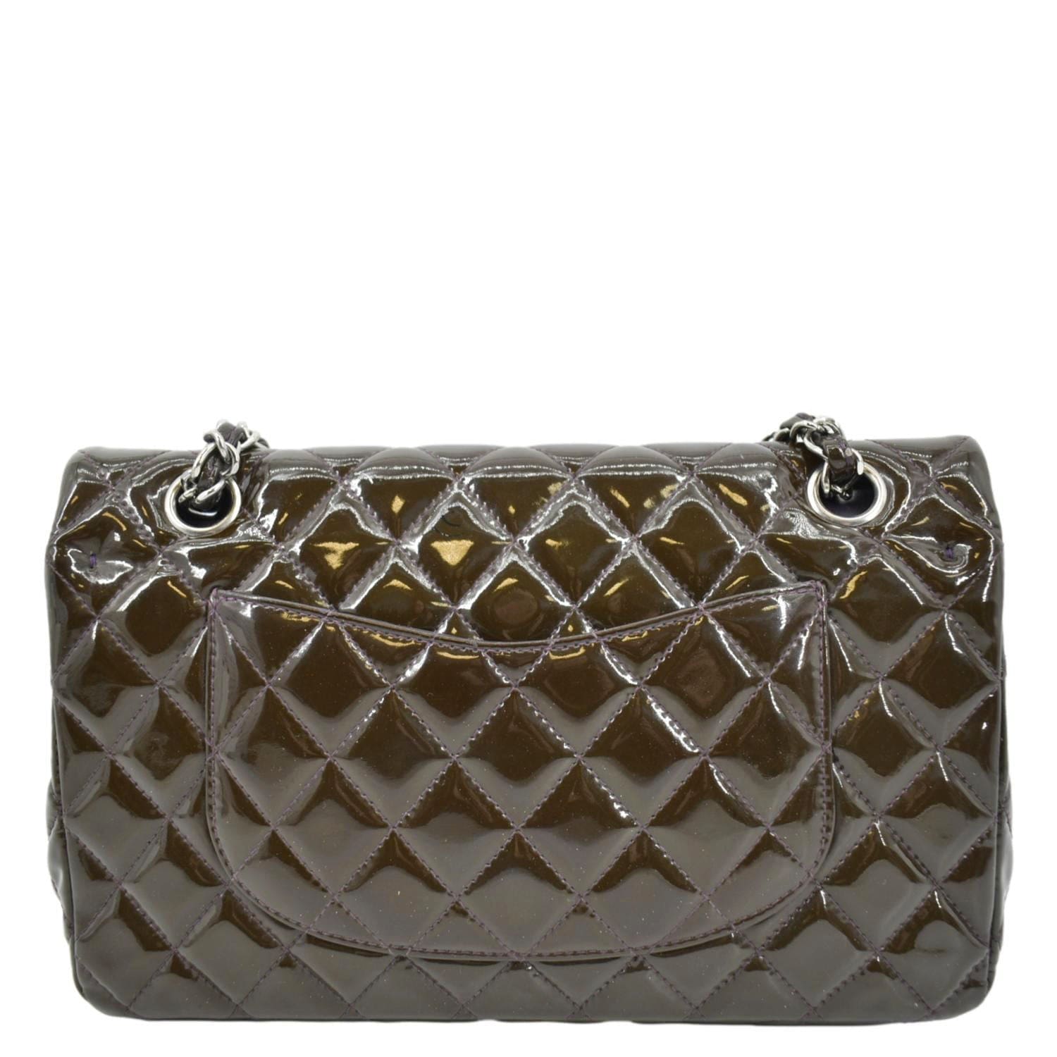 CHANEL Classic Medium Double Flap Patent Leather Shoulder Bag Dark Brown