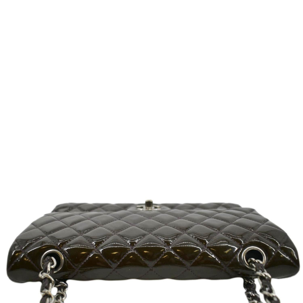 CHANEL Classic Medium Double Flap Patent Leather Shoulder Bag Dark Brown
