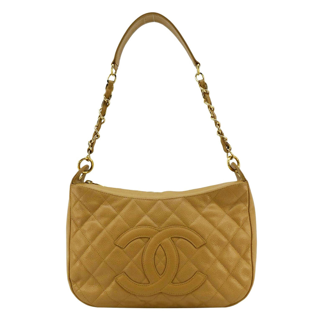 CHANEL Vintage Half Moon Quilted Caviar Leather Hobo Bag Dark Beige