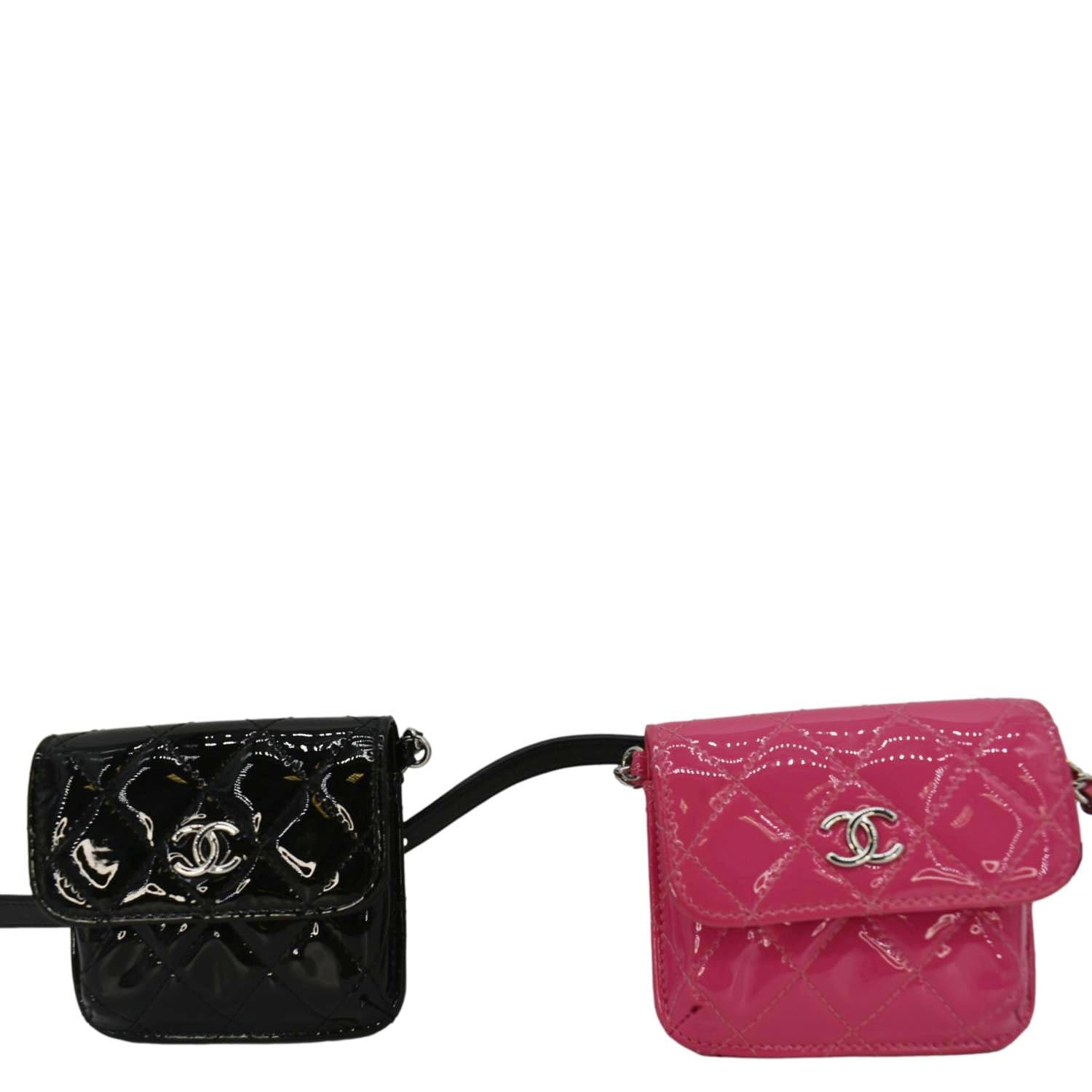 CHANEL CC Double Mini Flap Patent Quilted Leather Chain Waist Bag Black Pink
