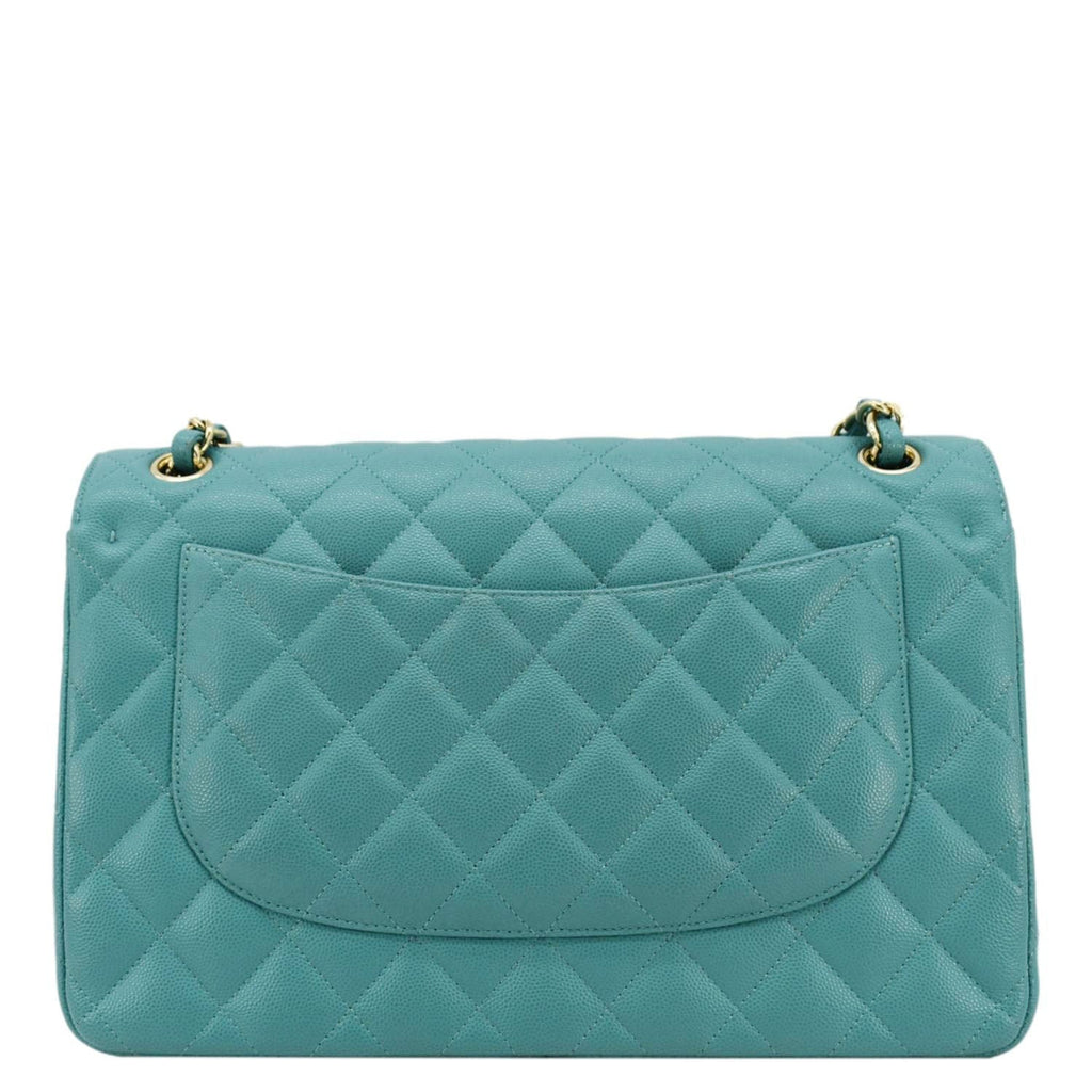 CHANEL Classic Double Flap Jumbo Quilted Caviar Leather Shoulder Bag Turquoise