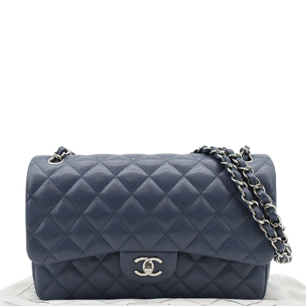 CHANEL Classic Jumbo Double Flap Quilted Caviar Leather Shoulder Bag Blue