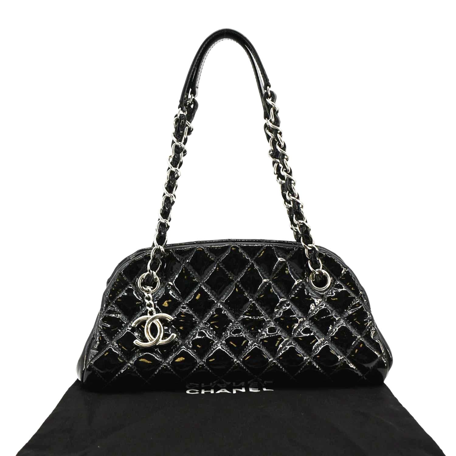CHANEL Just Mademoiselle Bowling Small Quilted Patent Leather Shoulder Bag Black