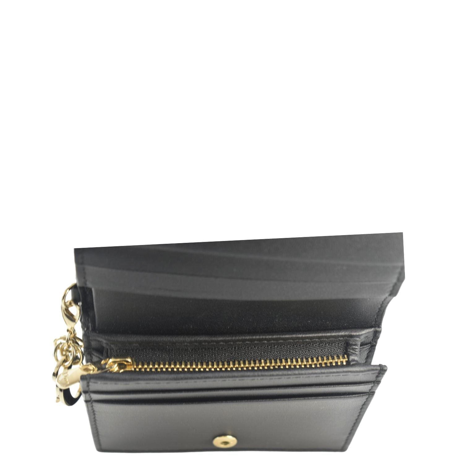 CHRISTIAN DIOR Lady Dior Gardenia Mini Cannage Lambskin Compact Wallet Black