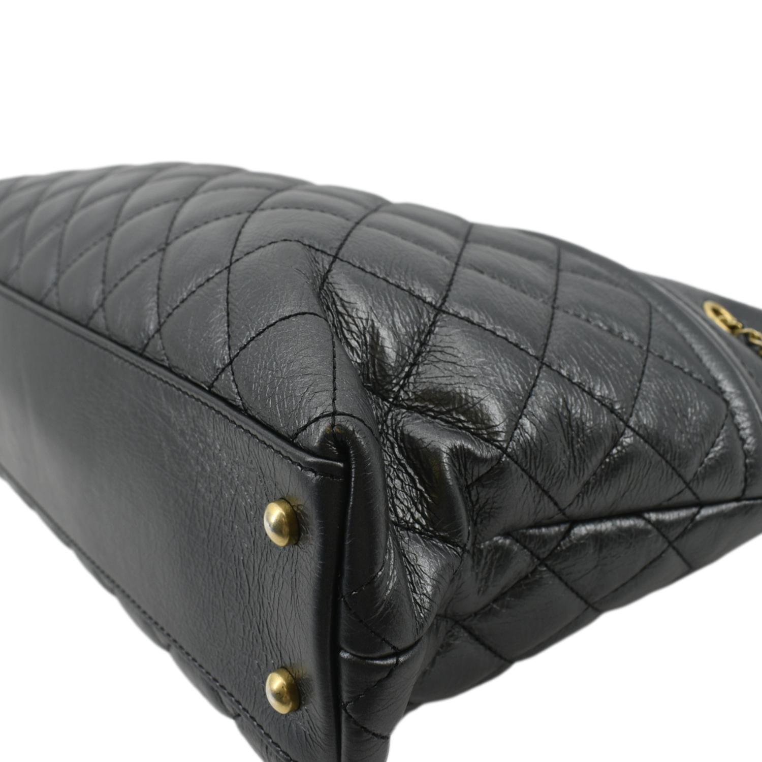 CHANEL Front CC Drawstring Quilted Leather Shopping Tote Bag Dark Grey