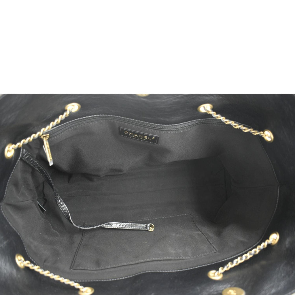 CHANEL Front CC Drawstring Quilted Leather Shopping Tote Bag Dark Grey