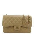 CHANEL Classic Jumbo Double Flap Quilted Caviar Leather Shoulder Bag Beige