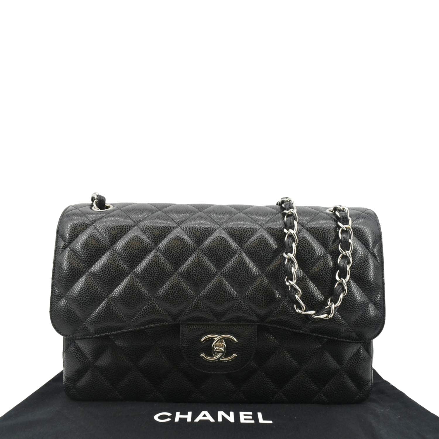 CHANEL Classic Jumbo Double Flap Quilted Caviar Leather Shoulder Bag Black