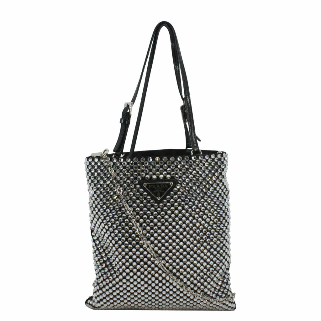 PRADA Chain Flat Mini Crystal Embellished Satin Tote Bag Silver