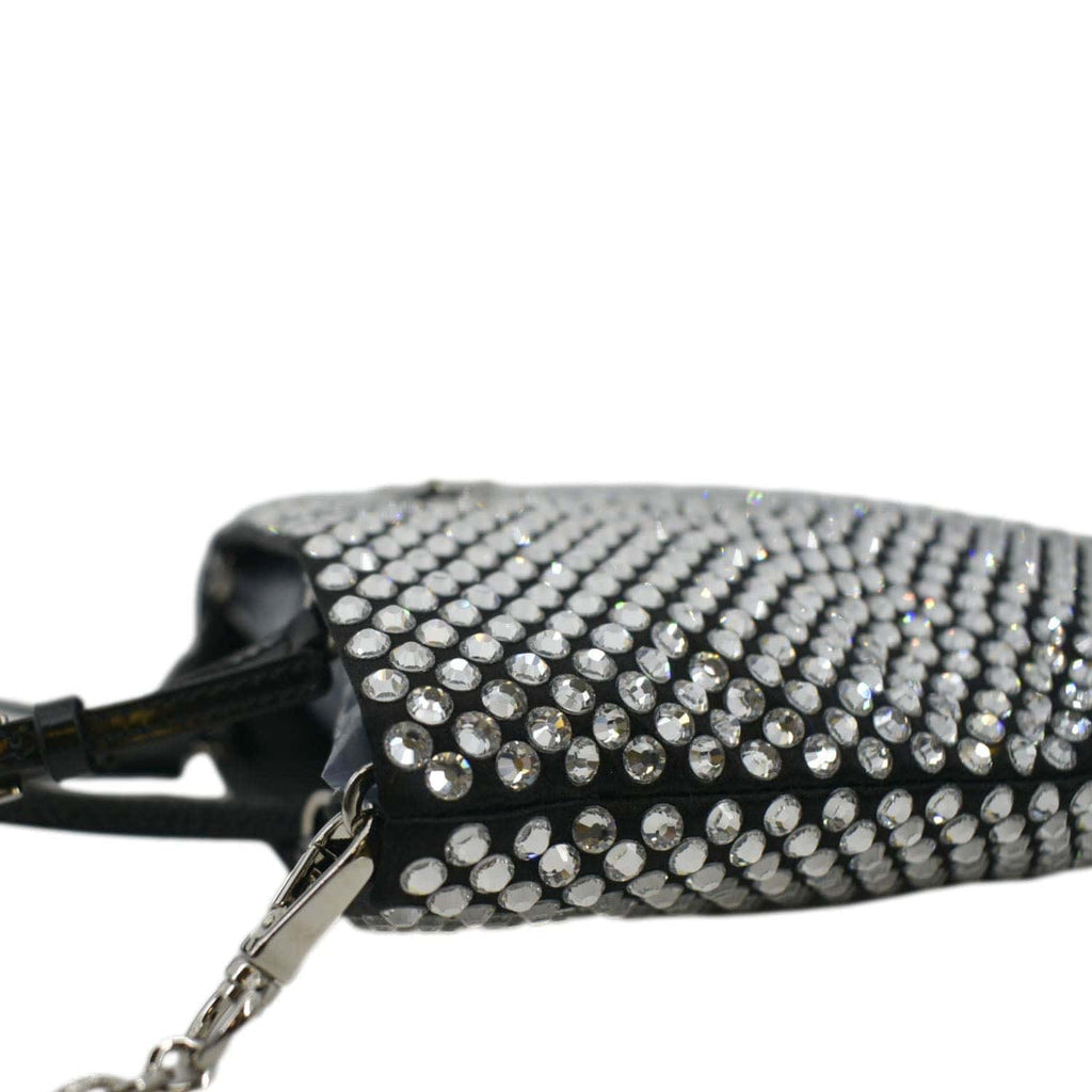 PRADA Chain Flat Mini Crystal Embellished Satin Tote Bag Silver