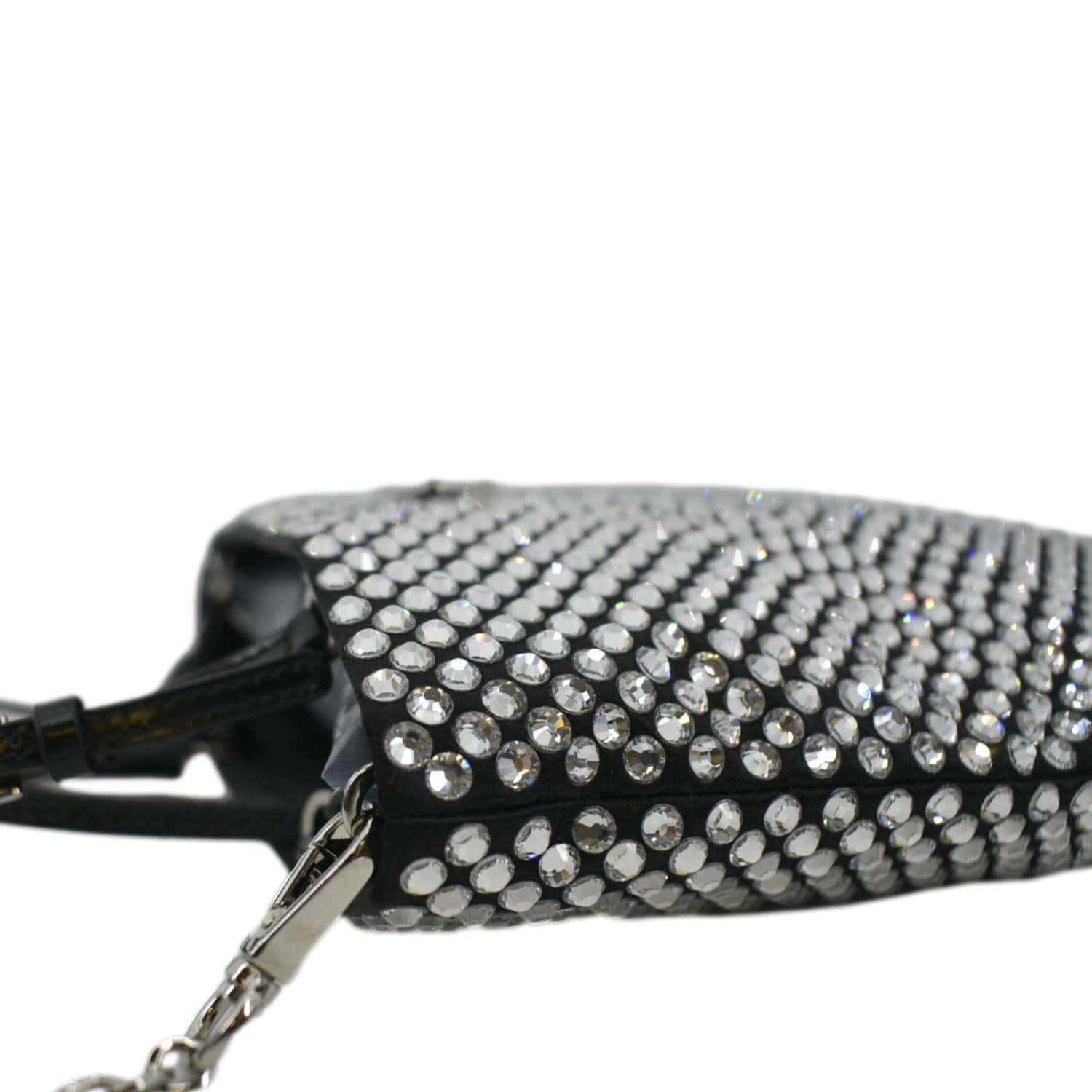 PRADA Chain Flat Mini Crystal Embellished Satin Tote Bag Silver