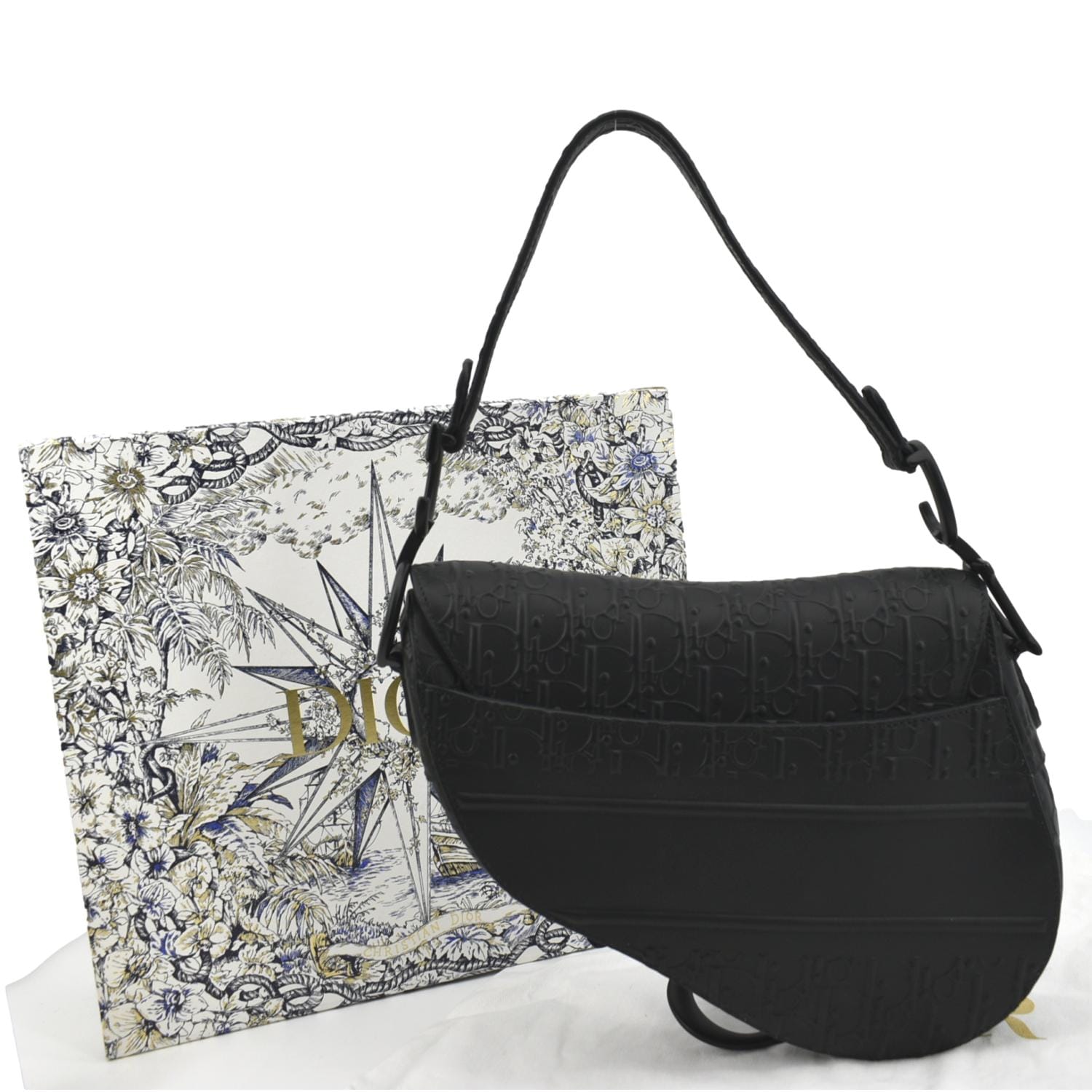 CHRISTIAN DIOR Saddle Oblique Embossed Calfskin Satchel Bag Black
