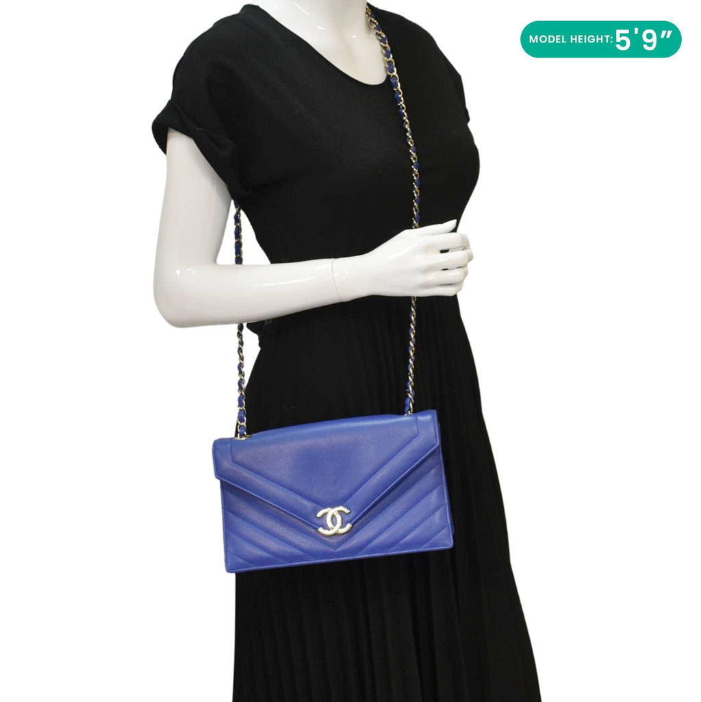 CHANEL Coco Envelope Flap Quilted Chevron Leather Crossbody Bag Blue