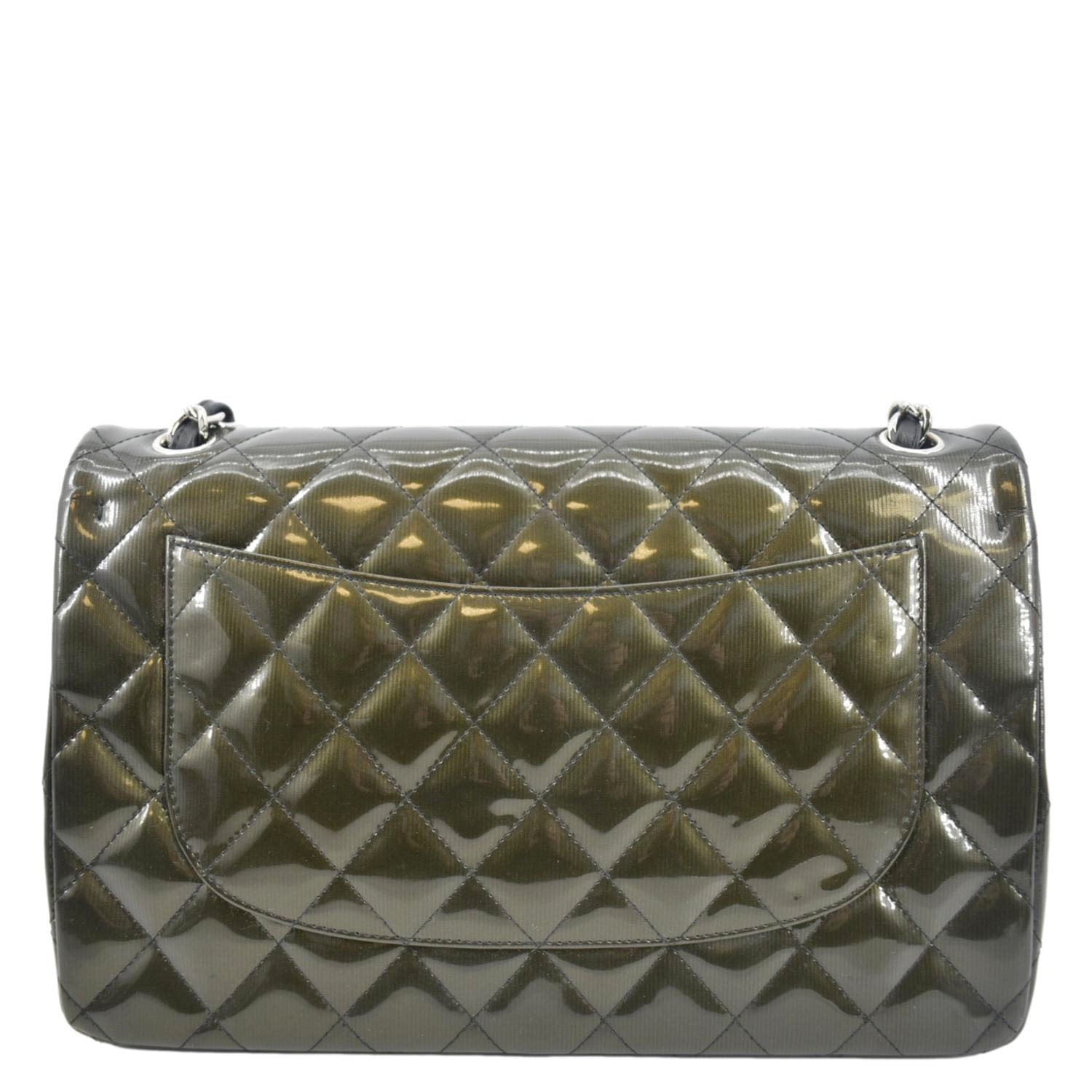 CHANEL Jumbo Flap Striated Quilted Patent Leather Shoulder Bag Green