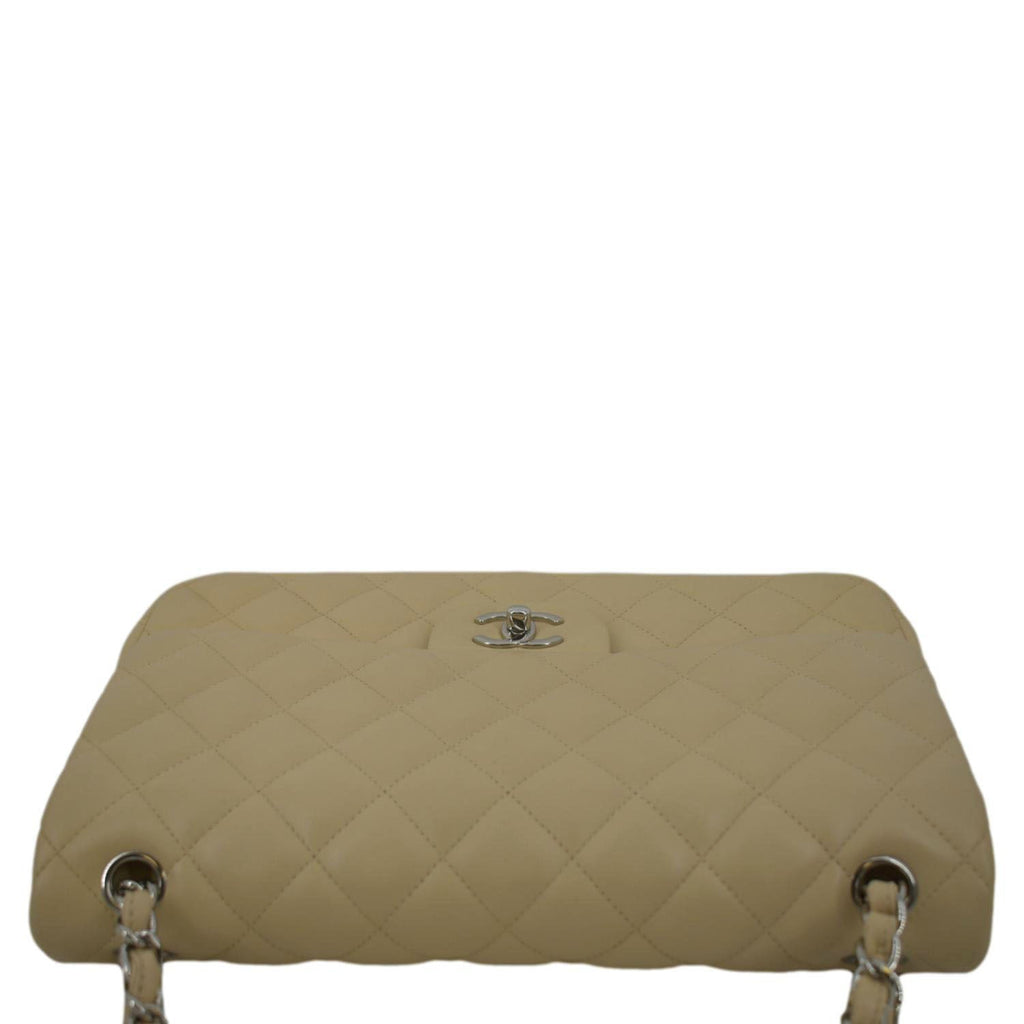CHANEL Classic Jumbo Double Flap Quilted Leather Shoulder Bag Beige