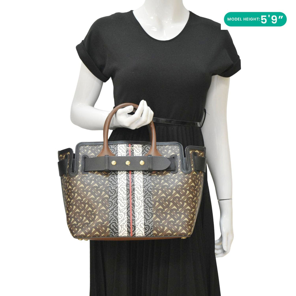 BURBERRY Belted Small Monogram Stripe E-Canvas Tote Shoulder Bag Brown