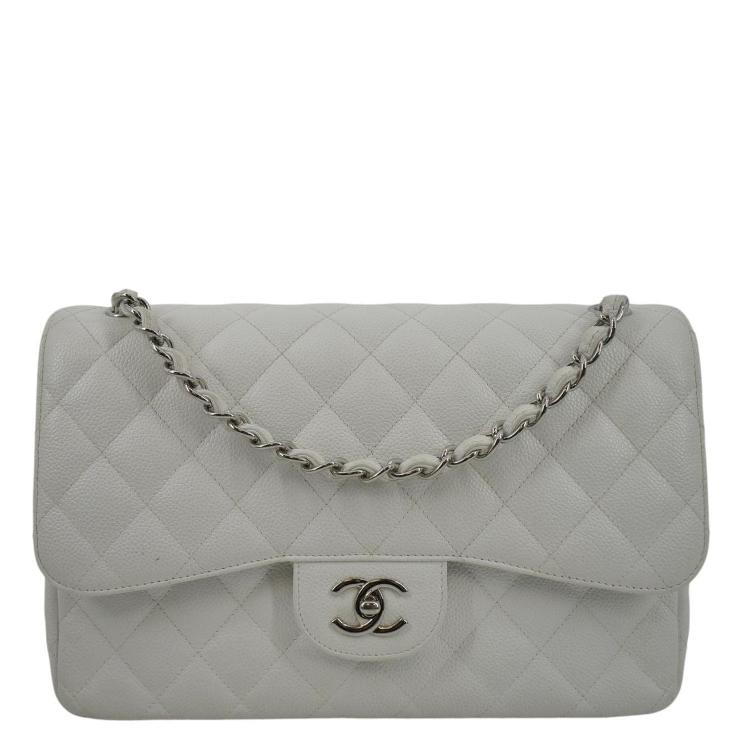 CHANEL Jumbo Double Flap Quilted Caviar Leather Shoulder Bag White