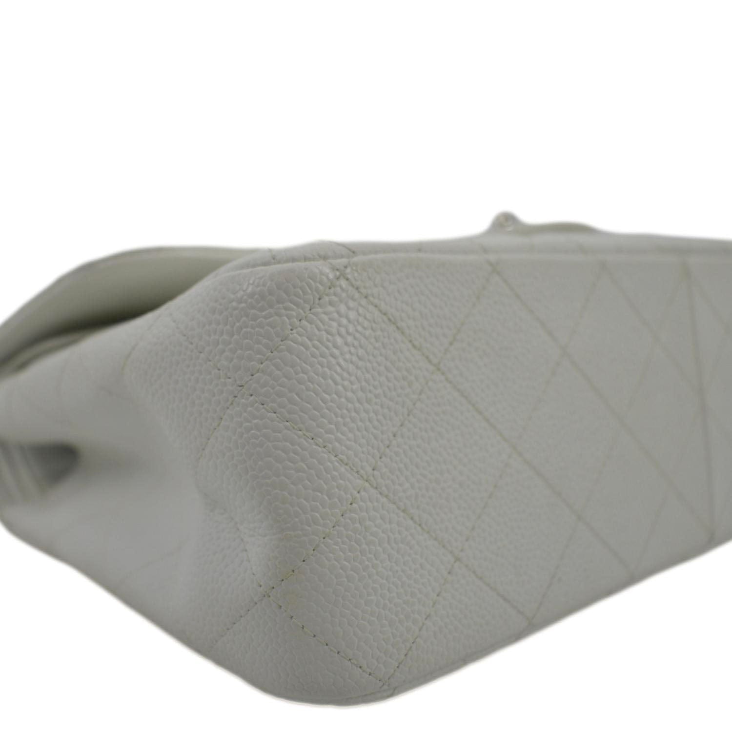 CHANEL Jumbo Double Flap Quilted Caviar Leather Shoulder Bag White