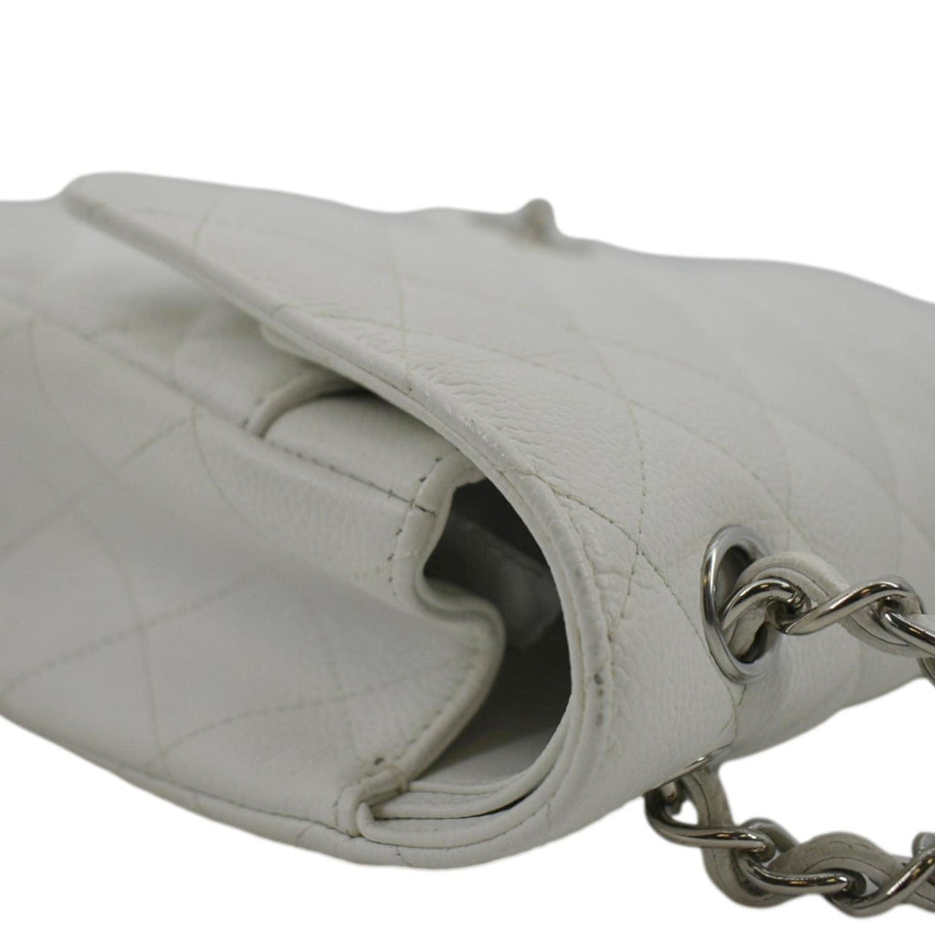 CHANEL Jumbo Double Flap Quilted Caviar Leather Shoulder Bag White