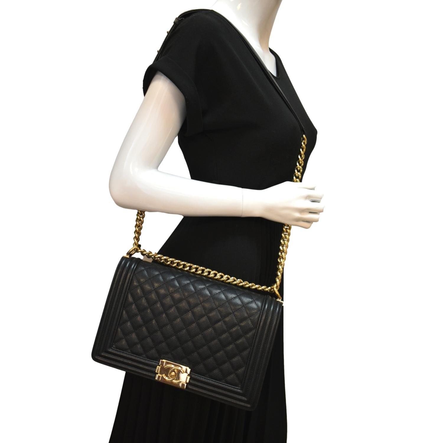 CHANEL Boy New Medium Chevron Caviar Shoulder Bag Black