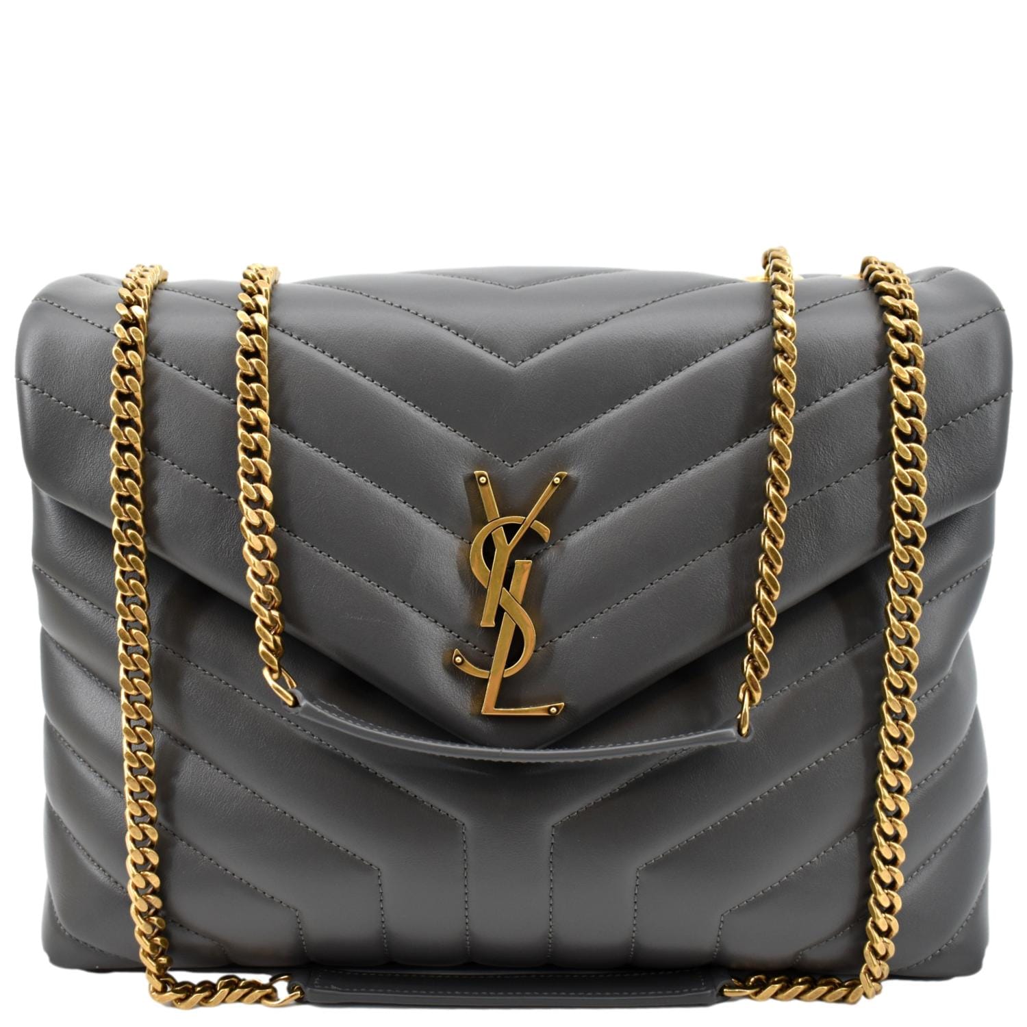 YVES SAINT LAURENT Loulou Medium Matelasse Leather Chain Shoulder Bag Dark Gray
