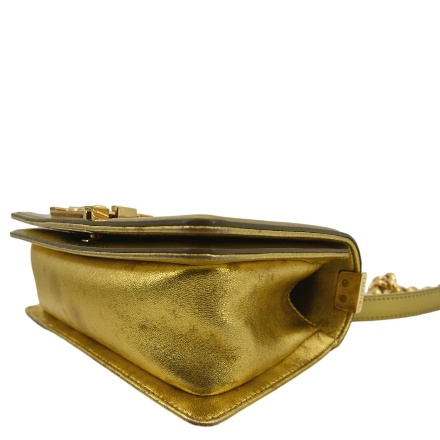 CHANEL Boy Flap Quilted Patent Leather Crossbody Bag Metallic Gold