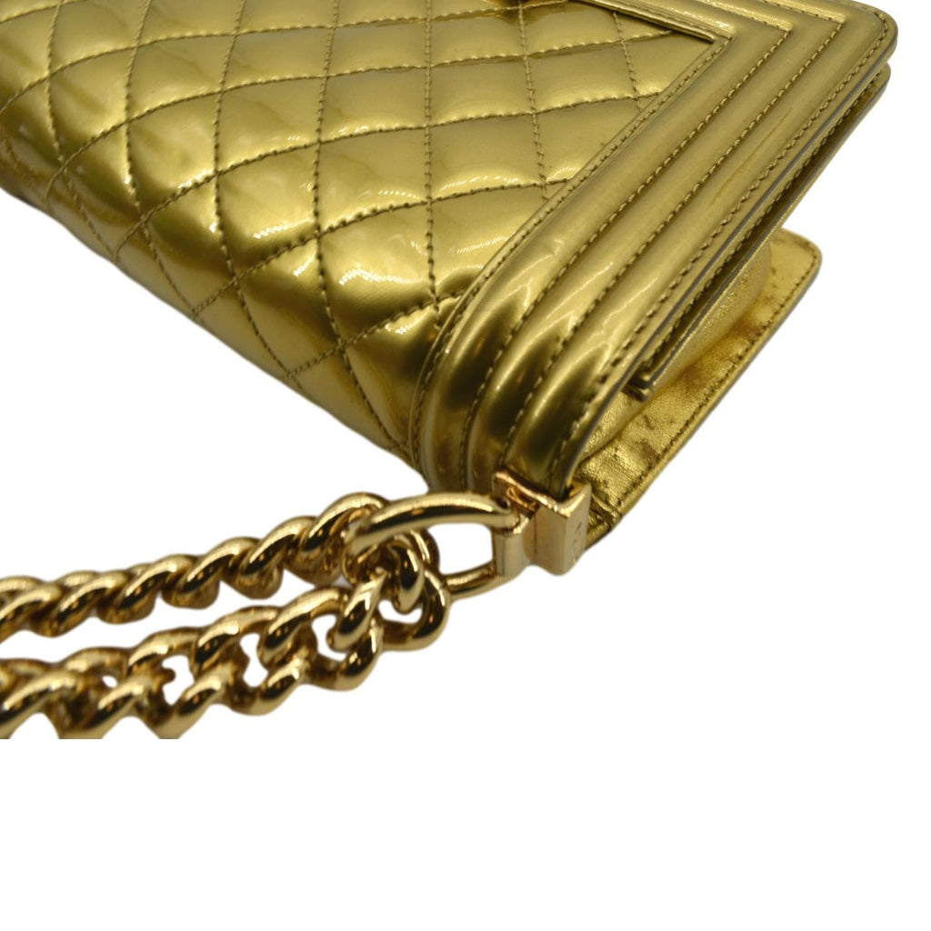 CHANEL Boy Flap Quilted Patent Leather Crossbody Bag Metallic Gold