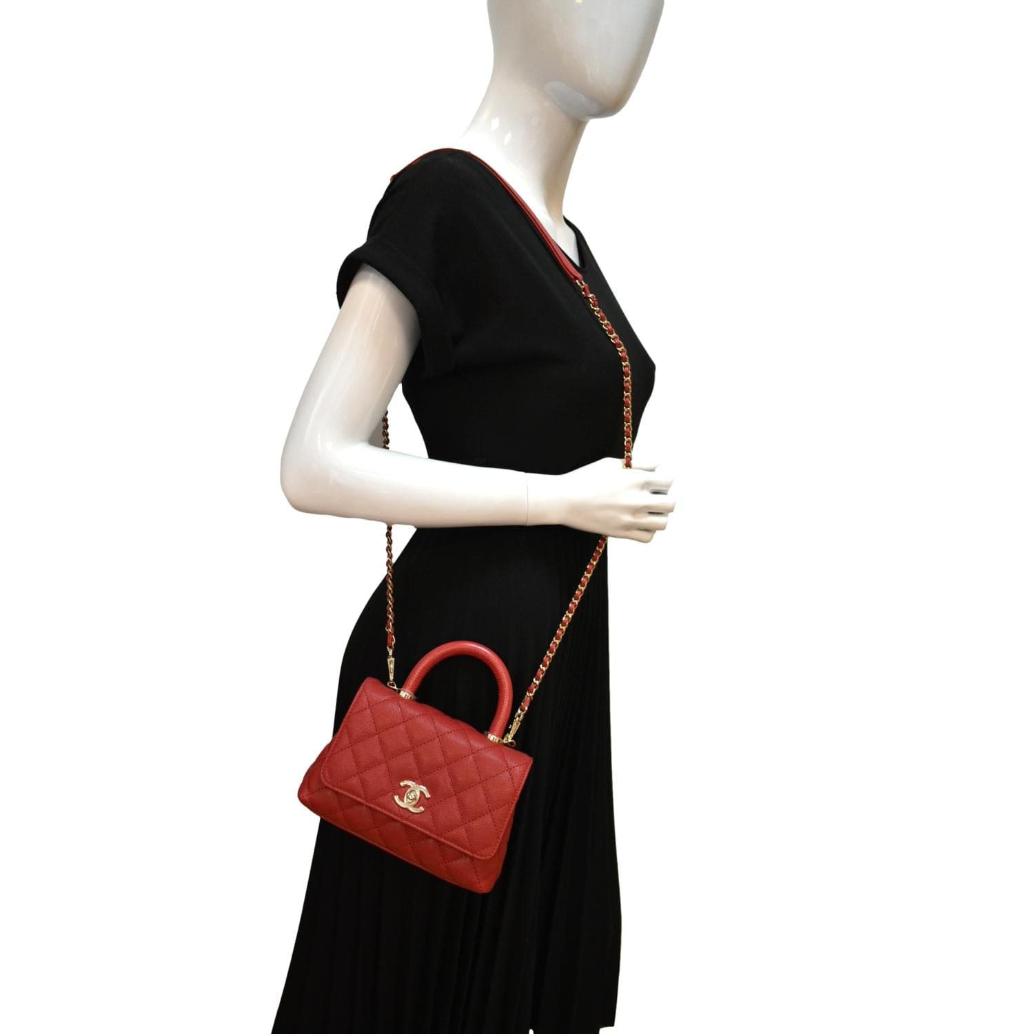 CHANEL Coco Extra Mini Top Handle Caviar Leather Shoulder Bag Red - Hot Deals