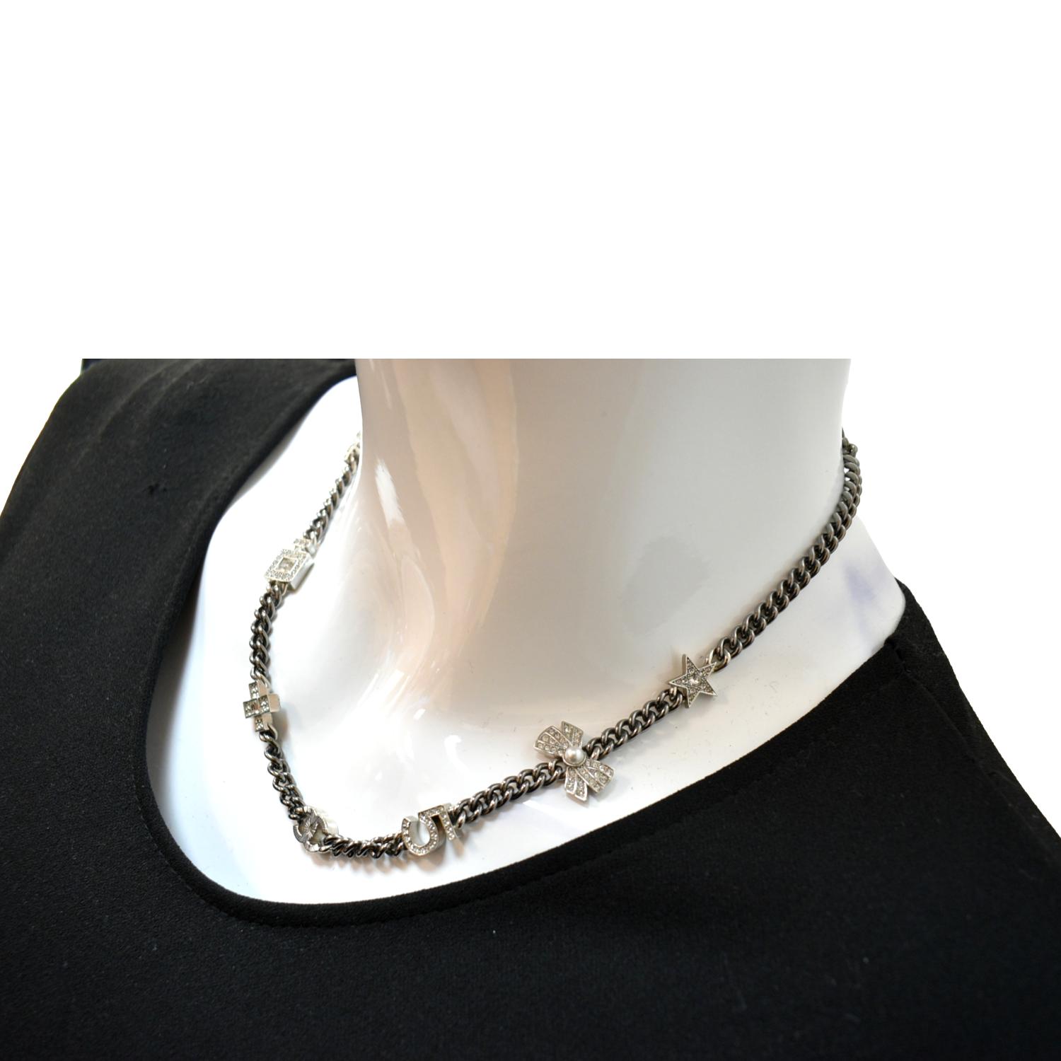 CHANEL CC Star Pearl Round Metal Necklace Silver