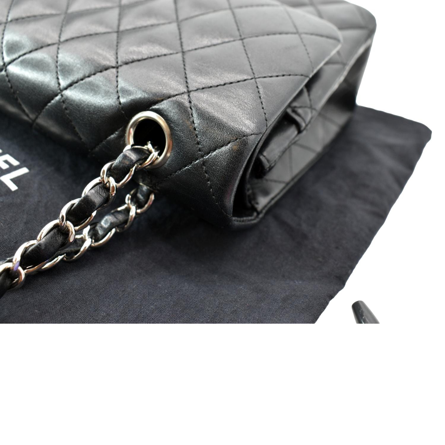 CHANEL Medium Double Flap Lambskin Leather Shoulder Bag Black