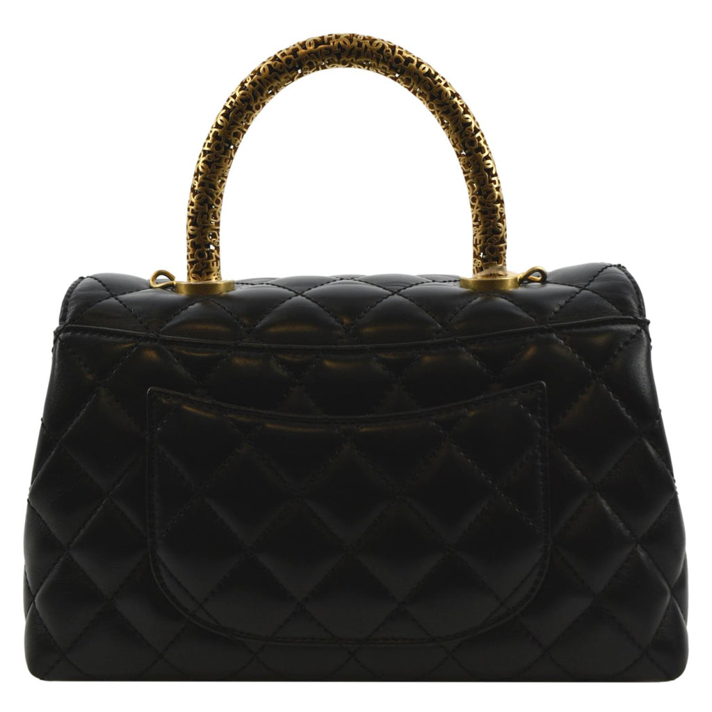 CHANEL Coco Mini Top Metal Handle Lambskin Leather Shoulder Bag Black