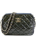 CHANEL Double Zip Patent Leather Shoulder Bag Navy Blue
