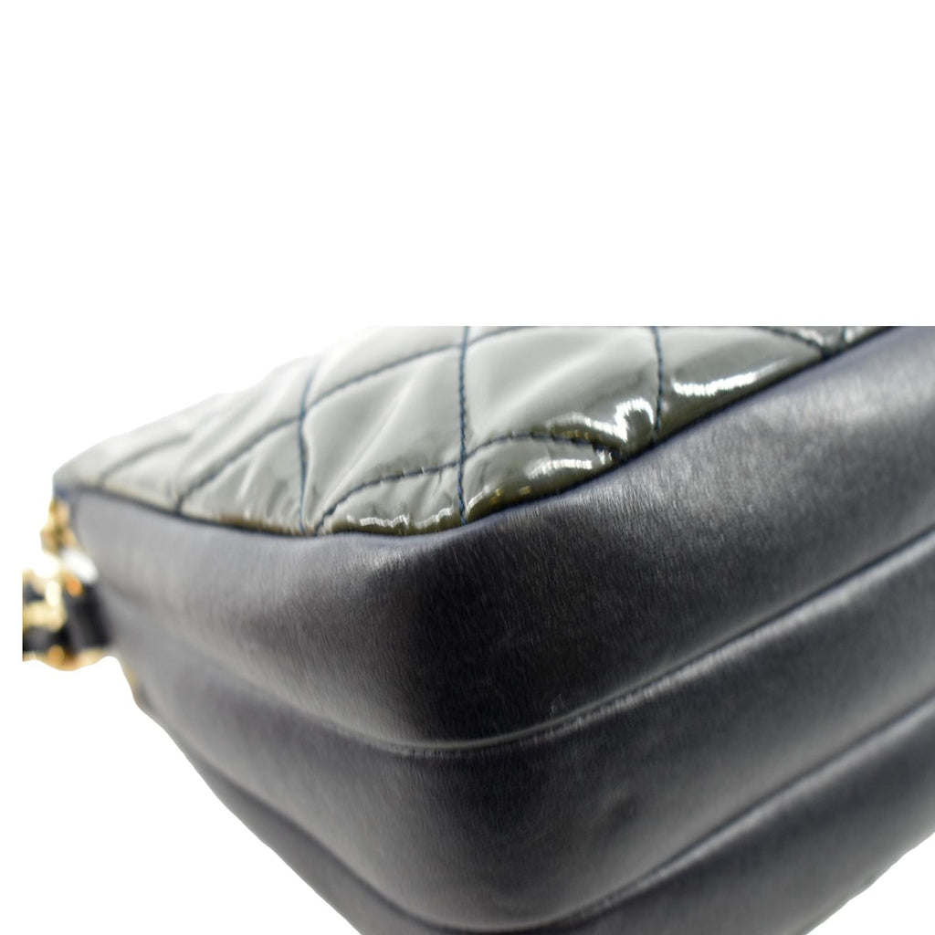 CHANEL Double Zip Patent Leather Shoulder Bag Navy Blue